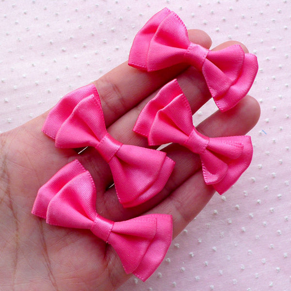 Pink Satin Ribbon Bow Ties / Double Ribbon Bows / Fabric Bowties (4pcs, MiniatureSweet, Kawaii Resin Crafts, Decoden Cabochons Supplies